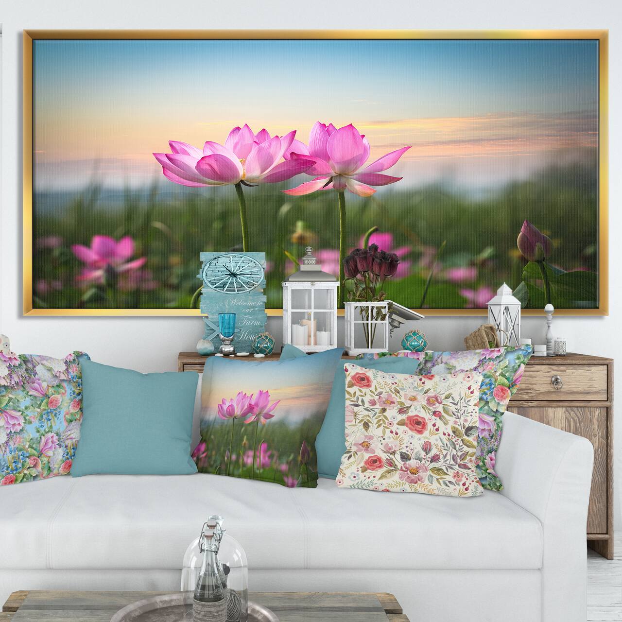 Designart - Blooming Lotus Flowers at Sunset - Floral Photo Framed Canvas Print